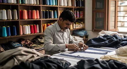 A skilled tailor cutting fabric in workshop with colorful spools of thread representing the craftsmanship and textile industry