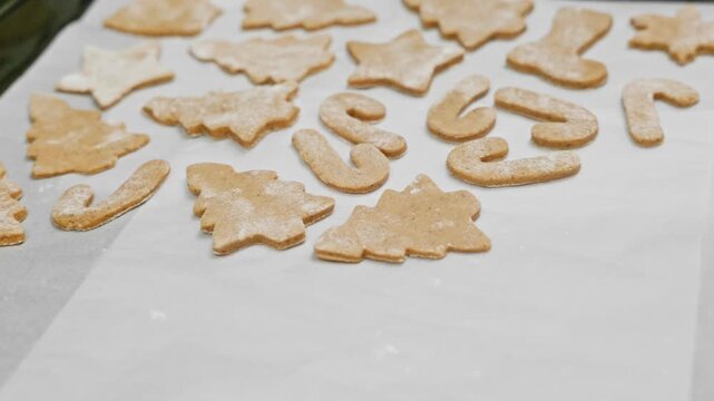 Freshly cut gingerbread cookies in festive shapes are arranged on a baking tray. A hand gently places a tree-shaped cookie, capturing the joy of holiday baking traditions