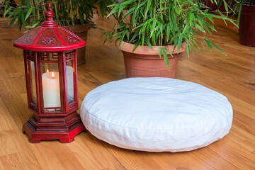 Red lantern and white meditation cushion on wooden floor, amidst plants