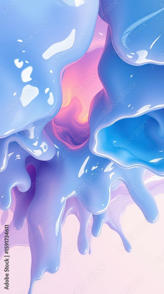 Poster bright blue and pink fluid shapes flow together in an abstract composition with smooth textures and 