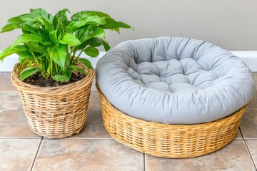 Indoor wicker basket with a cushion, and plant