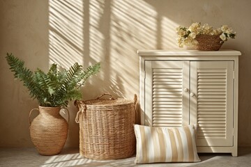 Sunlight streams into a room, illuminating a light beige cabinet and woven baskets
