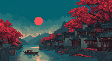A Chinese-style scene, with a red moon in the sky over mountains and water