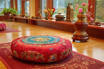 A meditation space, red cushion,  peaceful interior