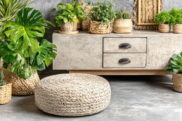Greenery decor; potted plants on a concrete console, with a woven stool