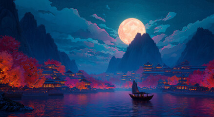 A Chinese-style scene, with a red moon in the sky over mountains and water