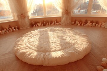 Circular, cream-colored, padded surface, surrounded by candles and sheer curtains, bathed in warm sunlight through large windows