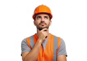 A construction worker in an orange helmet and hivis vest thinks with his hand on his chin, isolated on transparent background