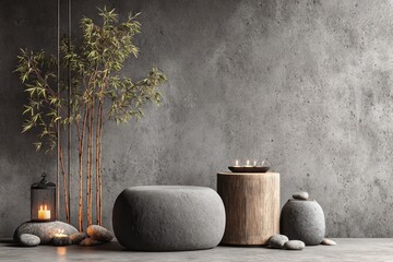 Zen-inspired interior scene with bamboo and stones