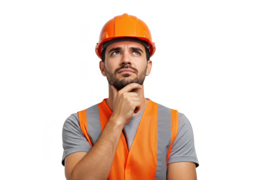 A construction worker in an orange helmet and hivis vest thinks with his hand on his chin, isolated on transparent background