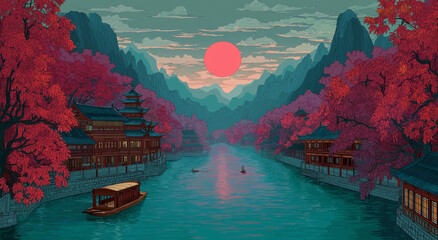 A Chinese-style scene, with a red moon in the sky over mountains and water