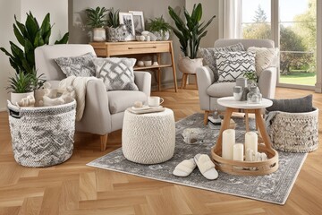 Cozy living room with neutral tones and textured decor