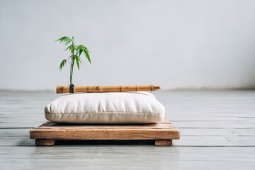 Simple meditation cushion on wooden platform, with bamboo plant