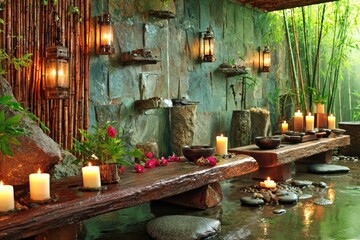 Tranquil outdoor spa, lush bamboo, wooden benches, lit candles