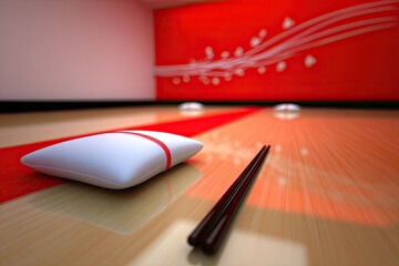 Modern Japanese dining area.  Pillows and chopsticks on glossy floor. Red accent wall