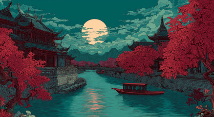 A Chinese-style scene, with a red moon in the sky over mountains and water