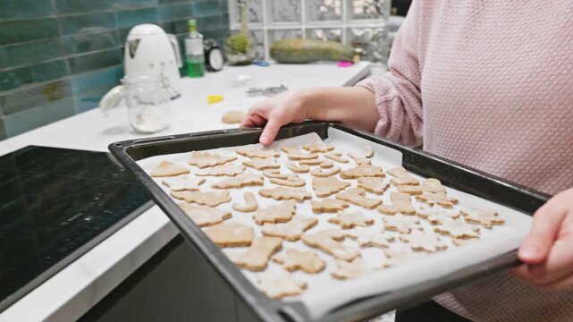 Freshly cut cookie dough shapes rest on a baking tray, ready to be baked. The modern kitchen setup and festive shapes reflect the joy of holiday baking.