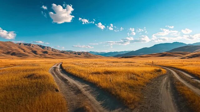 Two dirt roads diverge in a golden, mountainous landscape under a vast blue sky