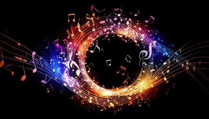 Colorful musical notes swirl in a circle