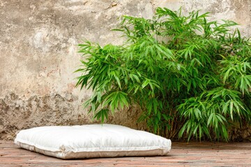 A white cushion rests against a weathered stone wall next to a lush bamboo plant