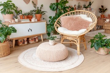 Cozy boho living room with wicker chair and plants