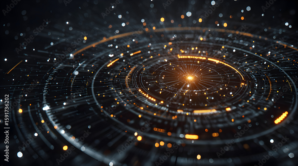 Poster abstract technological background with glowing particles and circular patterns