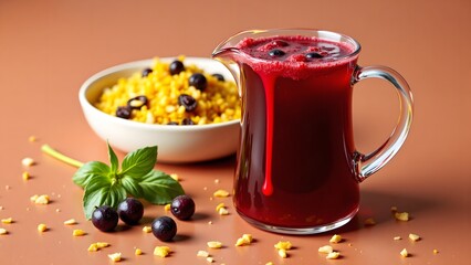 Wild Berry Sharbat Cocktail with Saffron Rice Raisins Plov, Azerbaijan Food and Drink