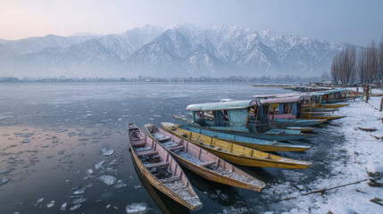 Frozen lake with colorful wooden boats docked near snowy shore and misty mountain range in background, creating peaceful and cold winter atmosphere