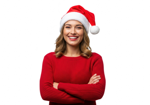 A happy young woman wearing a santa hat and red sweater smiles confidently with crossed arms, isolated on transparent background - Powered by Adobe