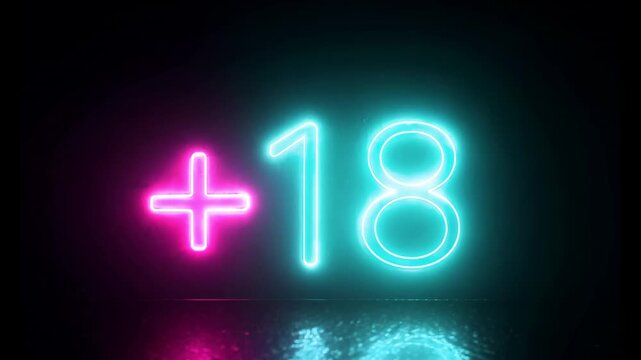 Neon glowing plus eighteen sign in pink and blue on dark background symbolizing age restriction warning