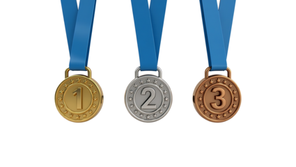 Gold, Silver, and Bronze Medals with Blue Ribbons – 3D Render