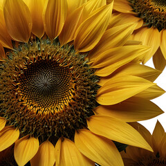 Macro View of Bright Yellow Sunflower Petals and Center on White Background