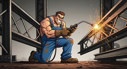 Strong cartoon welder in overalls working with sparks on steel beams at construction site.