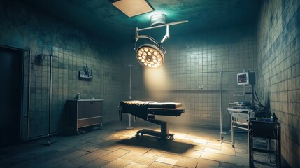 Eerie Operating Room: Dramatic Lighting, Surgical Table, Grungy Atmosphere.