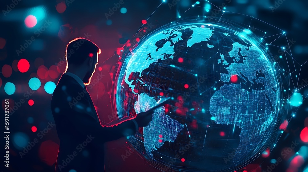 Poster pointing at digital earth globe representing global network connection with man