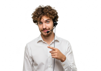 A young man with curly hair wearing a headset and white shirt, pointing forward isolated on a transparent background