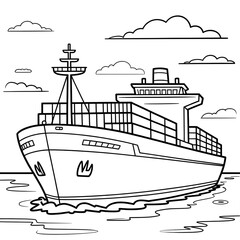 A black and white cargo ship illustration vector style coloring page