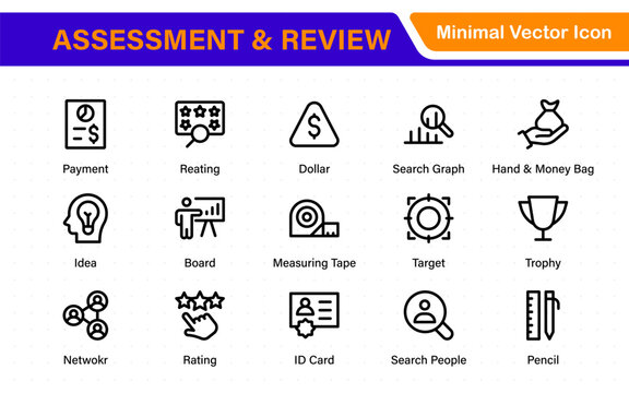 Assessment and review icon pack. Includes rating stars, surveys, feedback forms, and assessment tools.