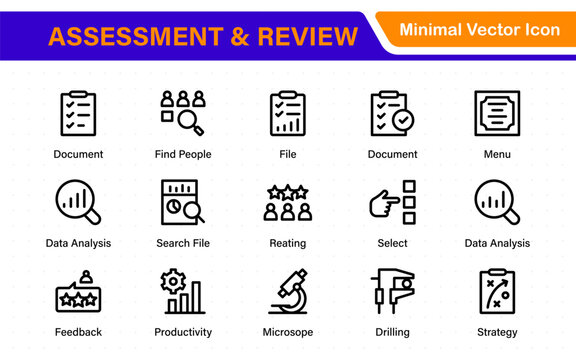Assessment and review icon pack. Includes rating stars, surveys, feedback forms, and assessment tools.