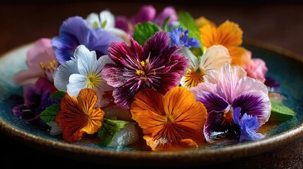 Edible flowers used for garnishes and plating in gourmet cuisine and wellness recipes, adding visual appeal and subtle herbal notes to sweet or savory dishes