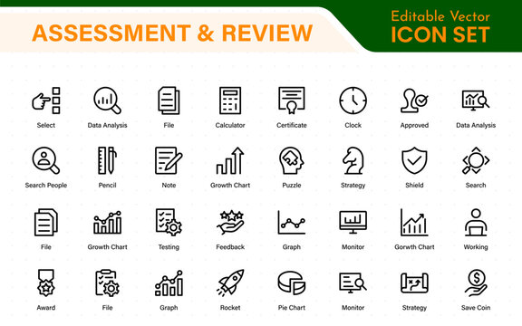 Assessment and review icon pack. Includes rating stars, surveys, feedback forms, and assessment tools.
