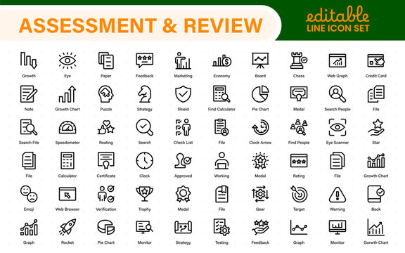 Assessment and review icon pack. Includes rating stars, surveys, feedback forms, and assessment tools.