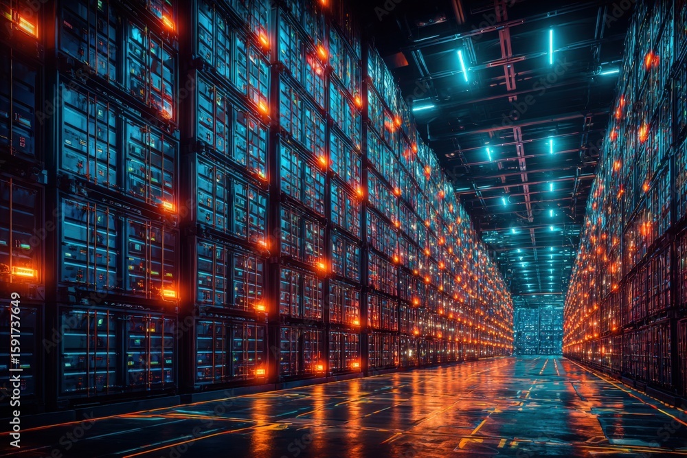 Aufkleber ultra modern data center with high density server racks with blue and orange led lighting and reflec