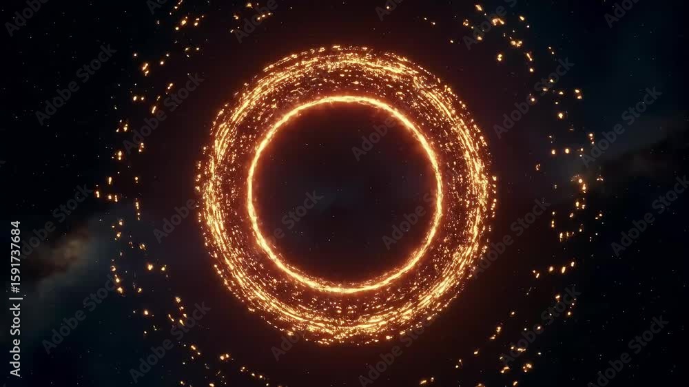 Poster glowing circular pattern of orange sparks against a dark background, creating a mesmerizing visual e