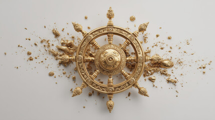 Golden dharmachakra with intricate design and scattered fragments on white background, symbolizing spiritual journey and enlightenment with radiant and peaceful expression