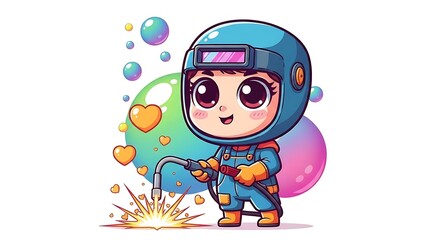 Cute chibi child welder character in protective gear with colorful bubbles and hearts illustration.