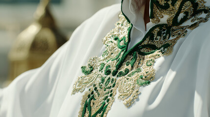 White thobe with green and gold embroidery, soft light highlighting textures amid festive lanterns.