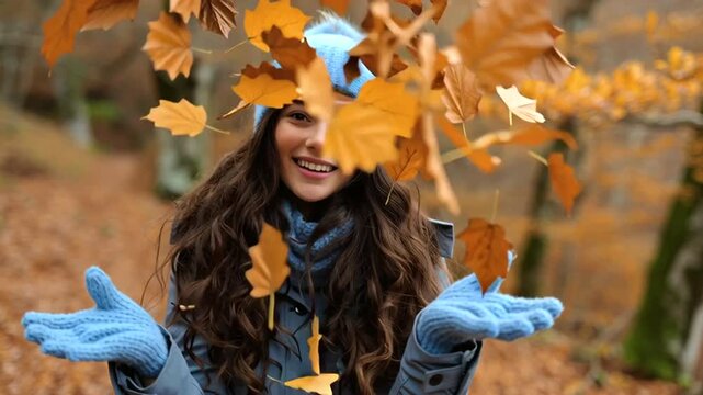 Chica joven de cabello moreno largo y ondulado, vestida con gorro, guantes y abrigo azul pastel, lanzando hacia arriba unas hojas secas de oto&ntilde;o con fondo de bosque de hayedo con colores oto&ntilde;ales