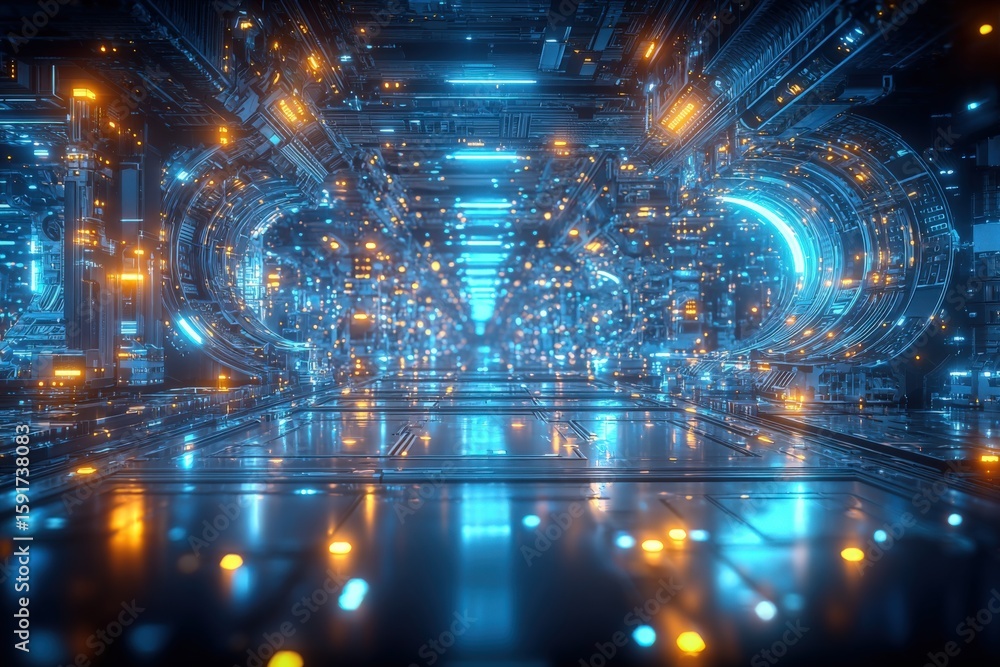 Poster futuristic digital cyber network tunnel with bright light effects and high tech circuitry in a scien
