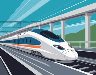 Fototapeta premium high-speed rail travel with a vector scene featuring streamlined trains traversing modern rail networks. efficiency of high-speed trains